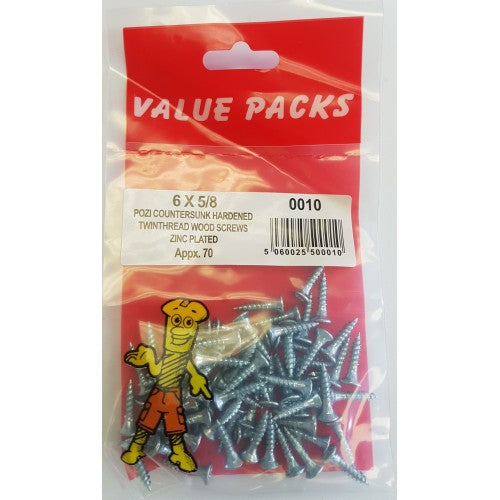 Fast Pak6 X 5/8'' Pozi Csk Hardened Twinthread Woodscrews Zinc 70 Per Pack Fast Pak6 X 5/8'' Pozi Csk Hardened Twinthread Woodscrews Zinc 70 Per Pack